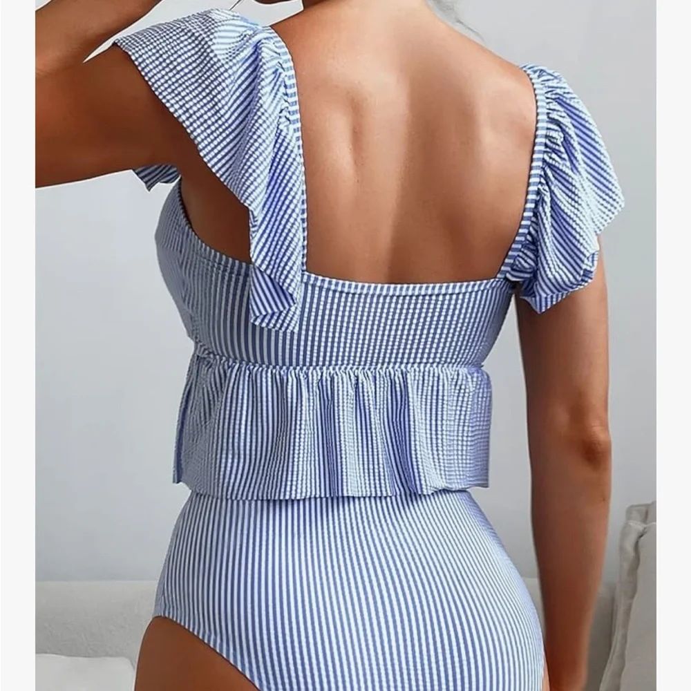 Blue Striped Women's 2 piece Swim Set - Picture 2 of 3